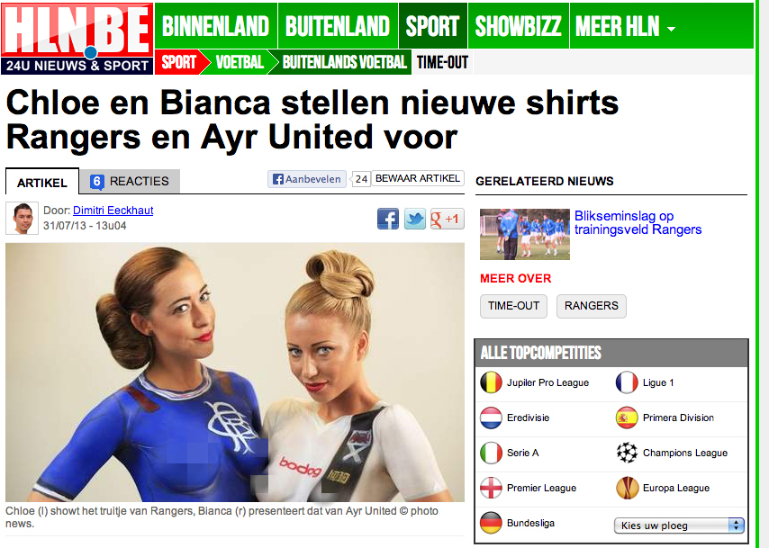 Två belgiska modeller har ett något udda sätt att marknadsföra Glasgow Rangers och Ayr Uniteds nya tröjor. Varning för ocensurerade bilder i bildspelet. 